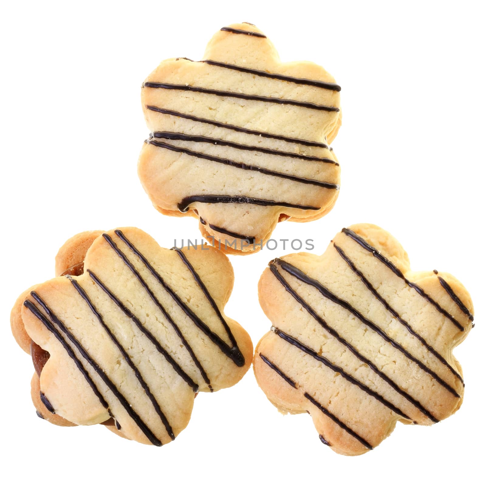 Homemade cookies sandwich with chocolate and custard top view isolated on white background.