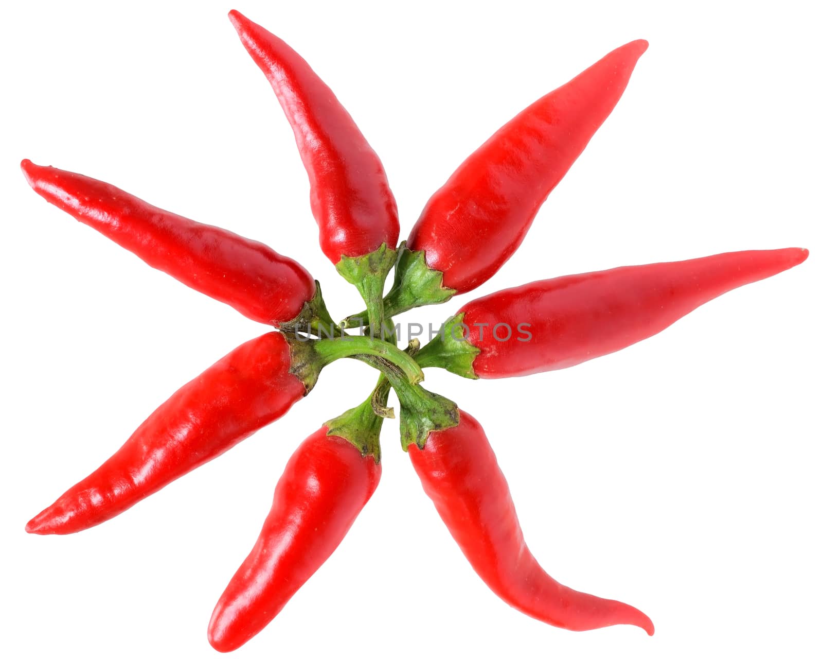 Red hot chili peppers stack top view on a white background