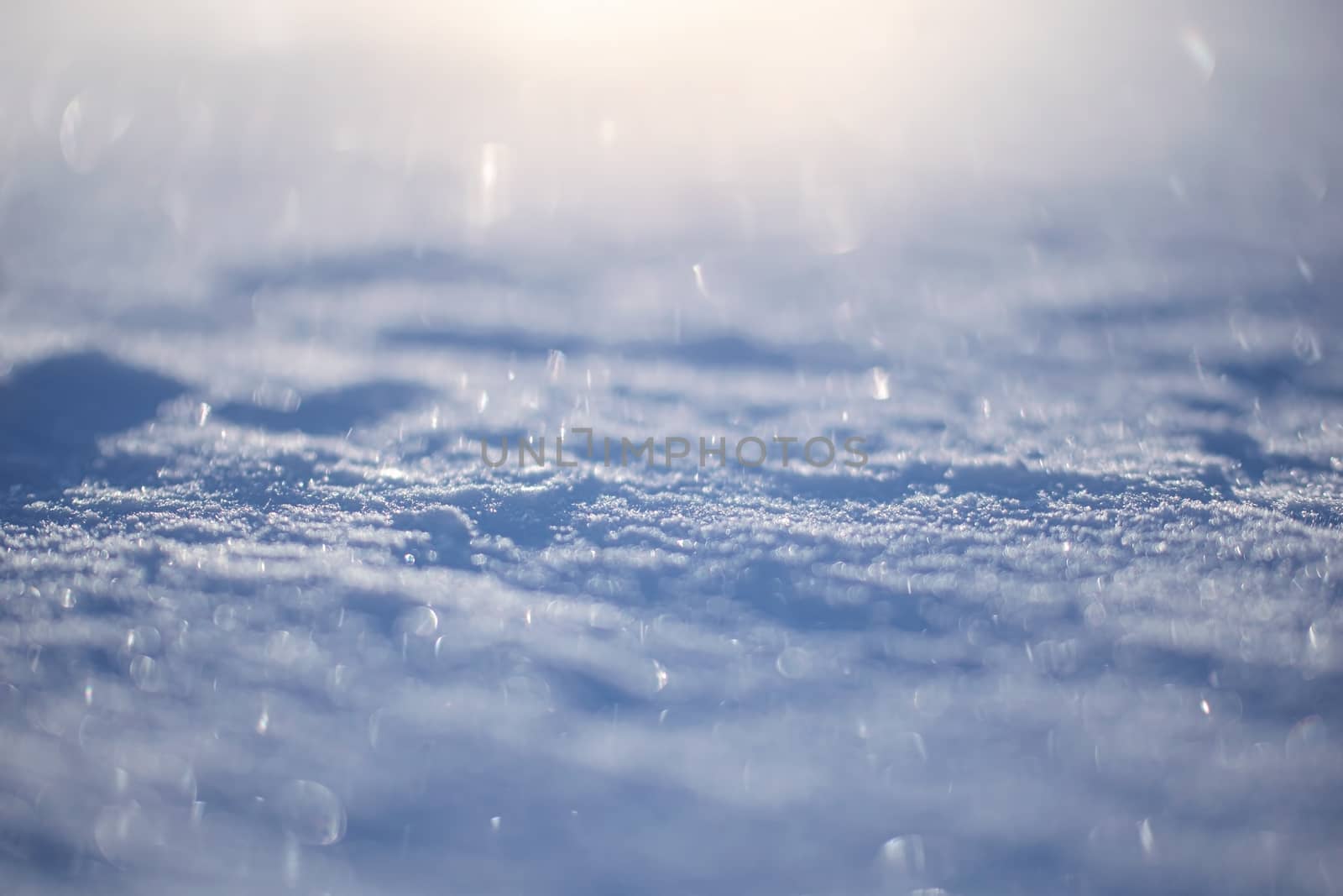 Macro background of fresh snowflake texture on a blur.