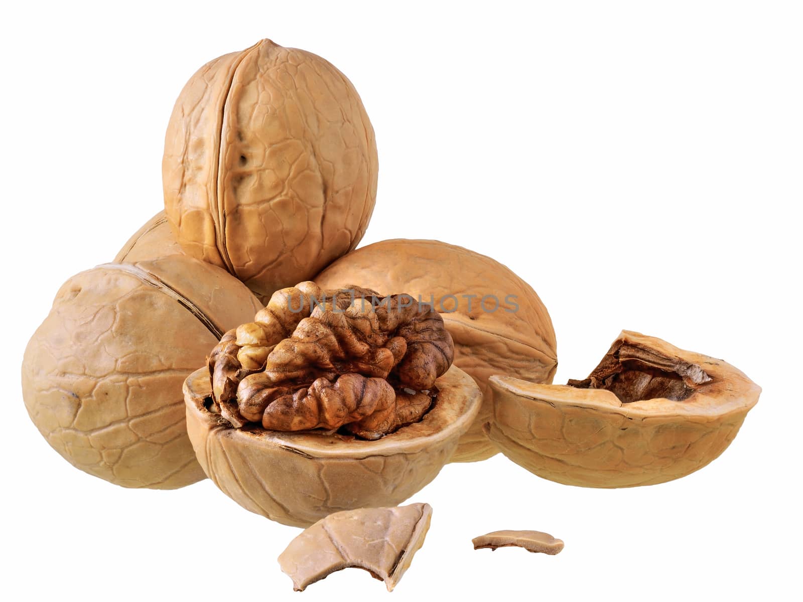 Walnut crack close up isolated on a white background.