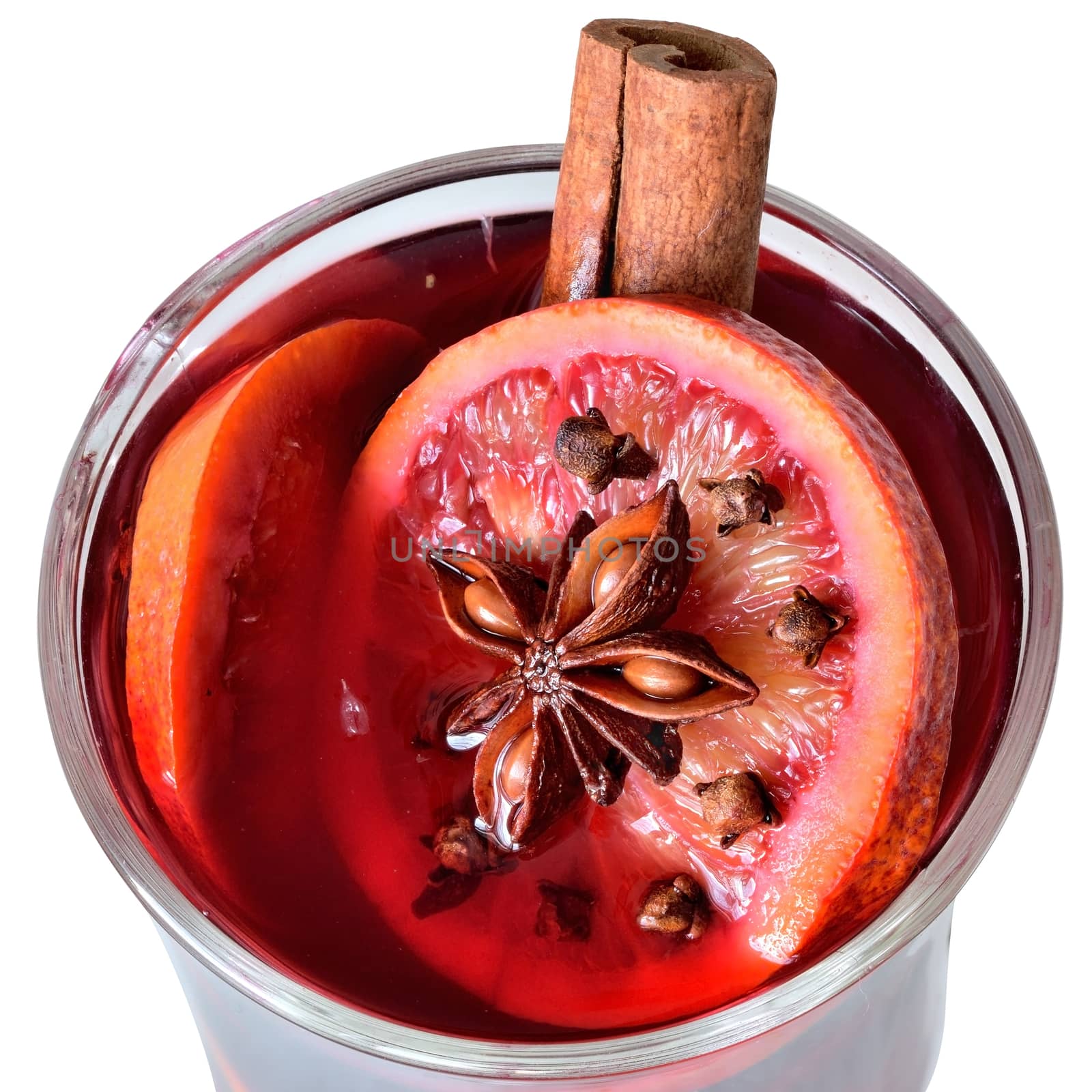 Winter drink mulled wine top view isolated on a white background.