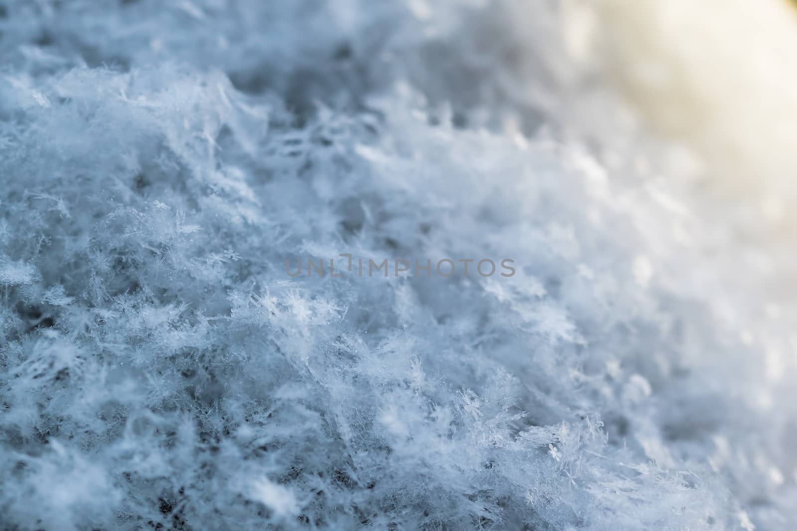 Macro background of fresh snowflake texture on a blur.