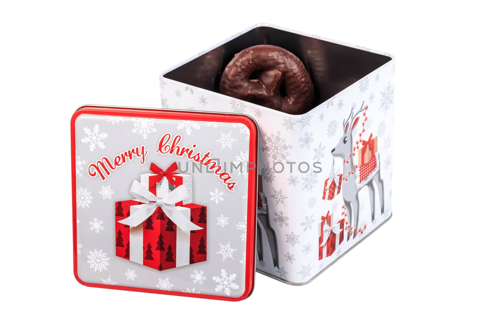 Mulhouse, France - December 29, 2017: Christmas tin box containing gingerbreads coated with dark chocolate - Alsatian specialty during the end-of-year festivities in studio