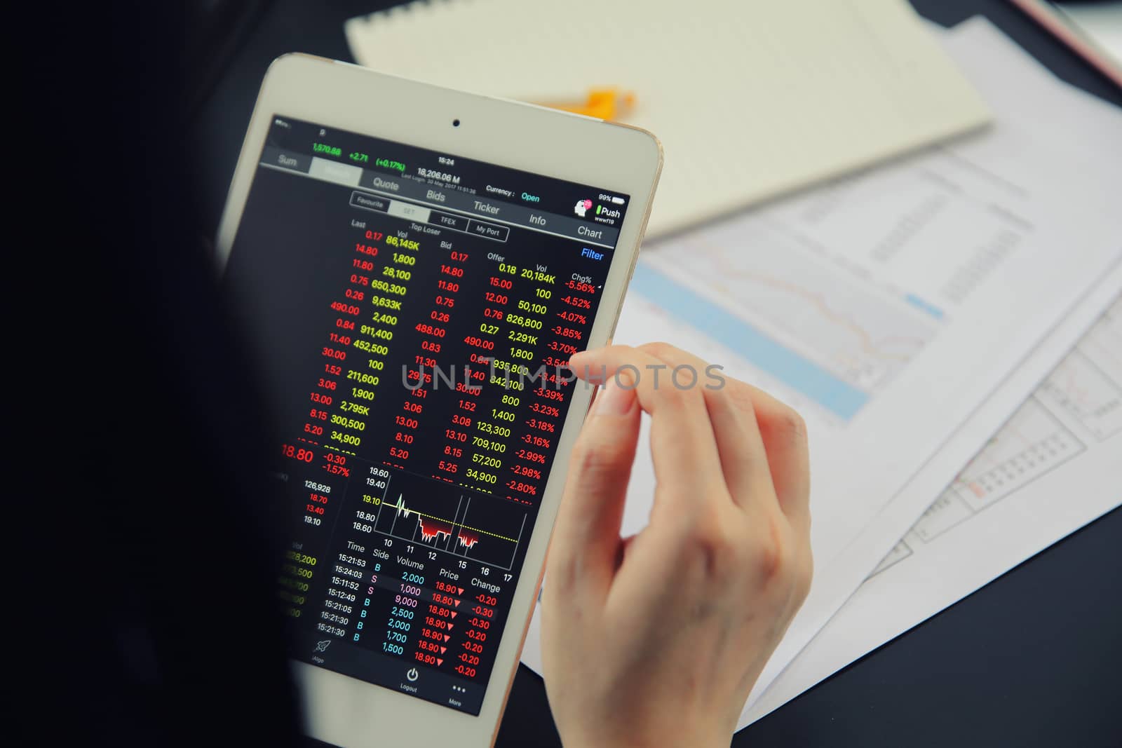 Woman hand Trading online on tablet with business paper and coffee