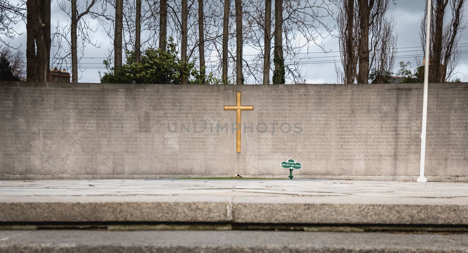 Dublin, Ireland - February 13, 2019: Architecture detail of the War Memorial building Arbor Hill Memorial to the historic downtown townscape on a winter day