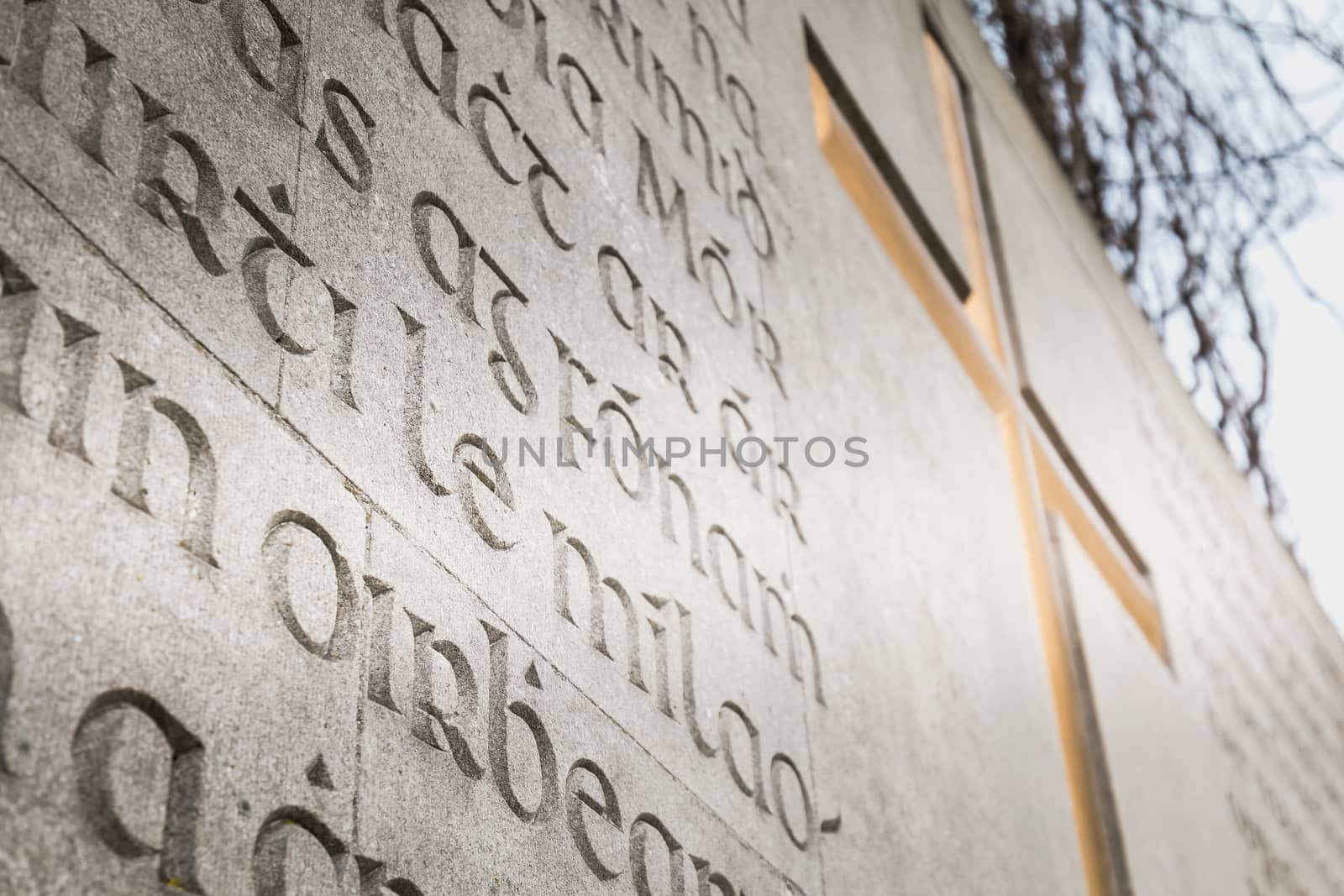 Dublin, Ireland - February 13, 2019: Architecture detail of the War Memorial building Arbor Hill Memorial to the historic downtown townscape on a winter day