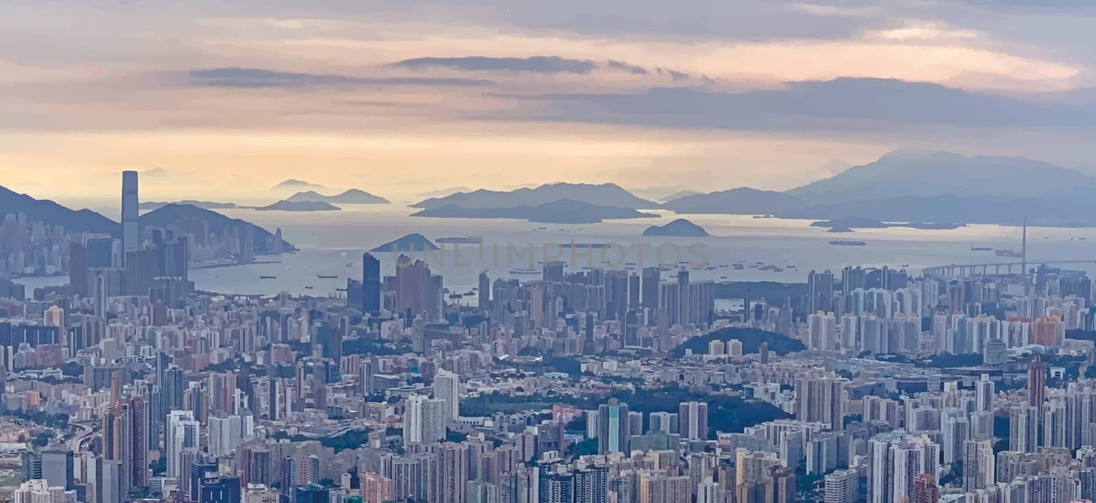 Panorama illustration of Hong Kong cityscape, buildings, mountain by cougarsan
