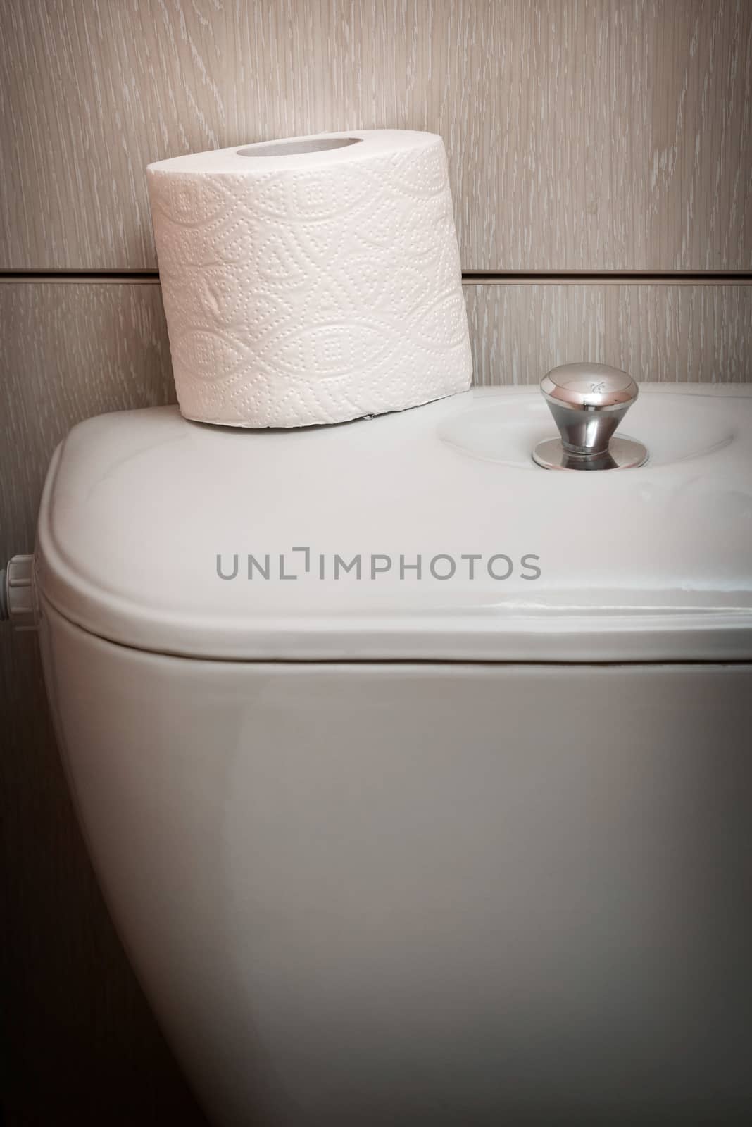 A soft white hygienic toilet paper roll is put on the flush, in the restroom