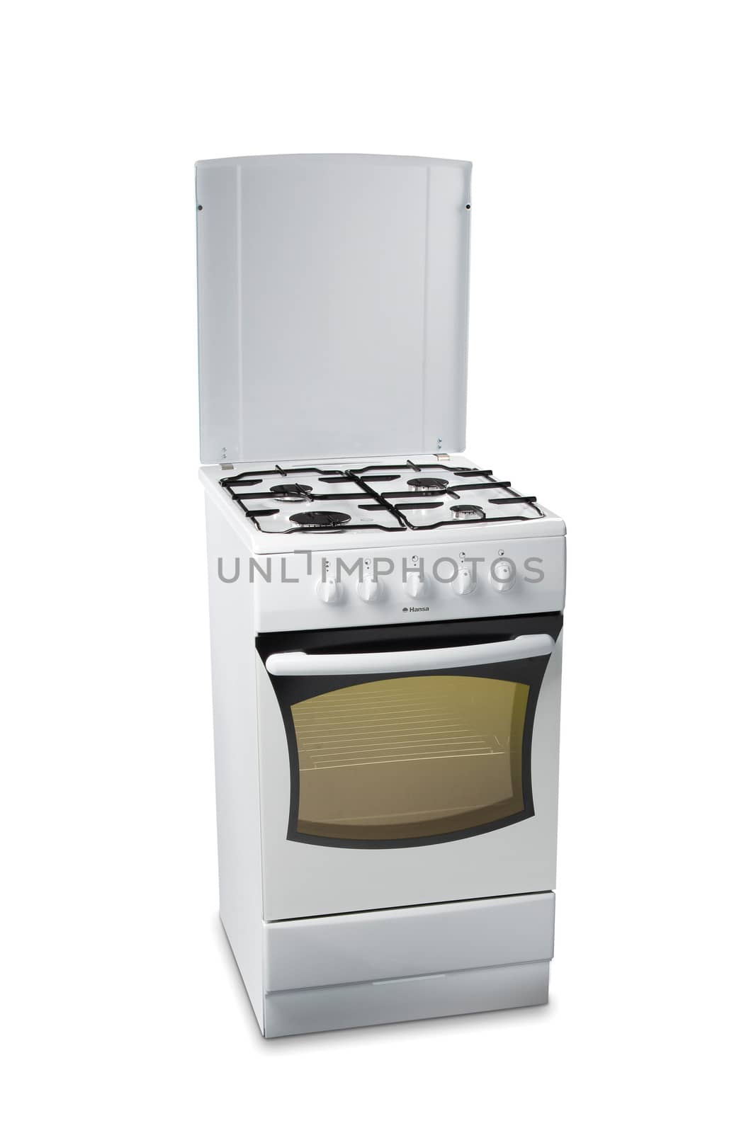 White stove with light in oven, isolated on white background