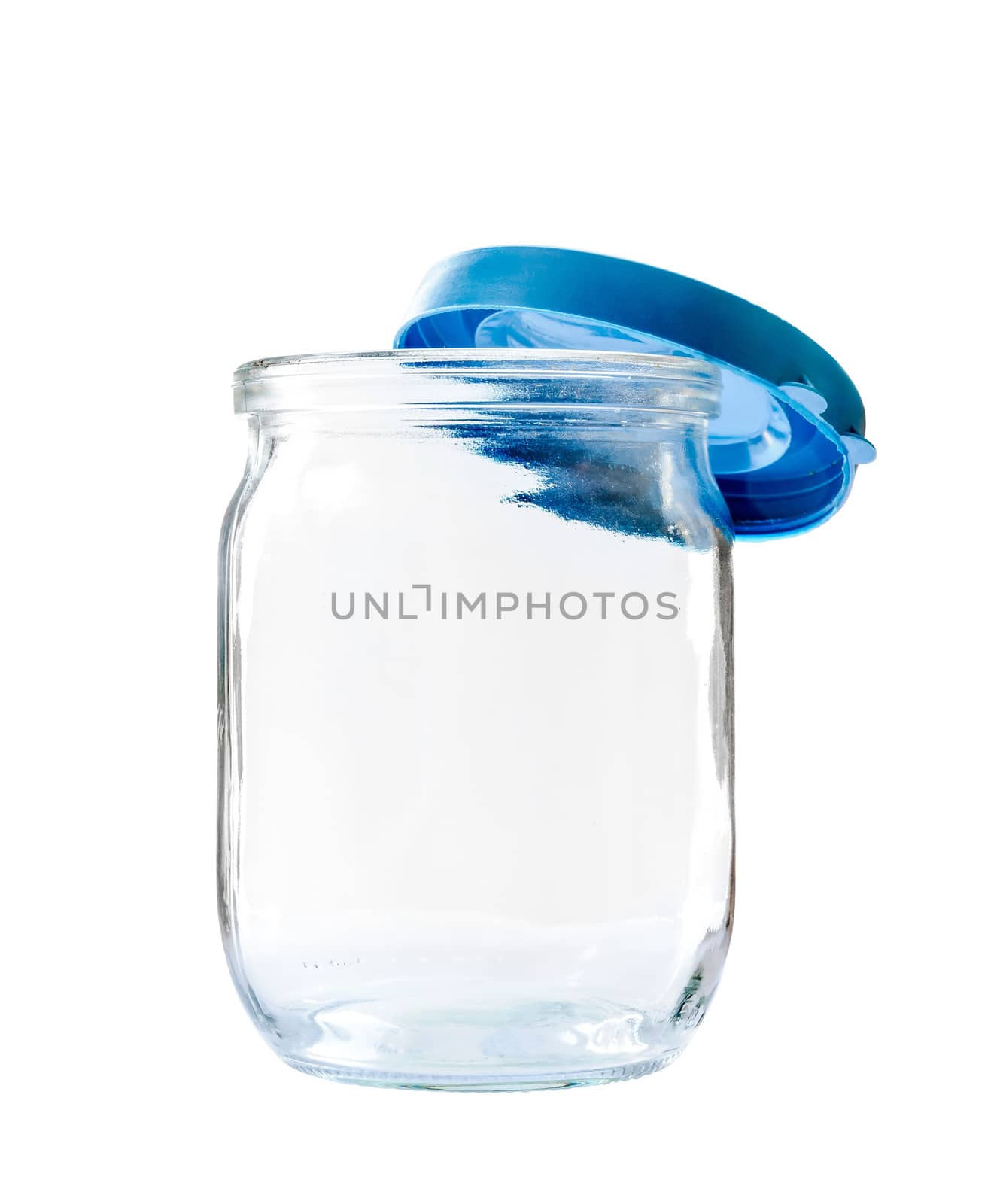 Transparent glass jar on white background, with the open plastic blue top