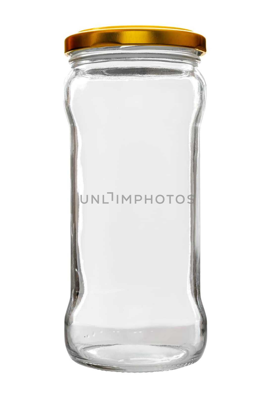 High transparent glass jar on white background, with the closed gold color top