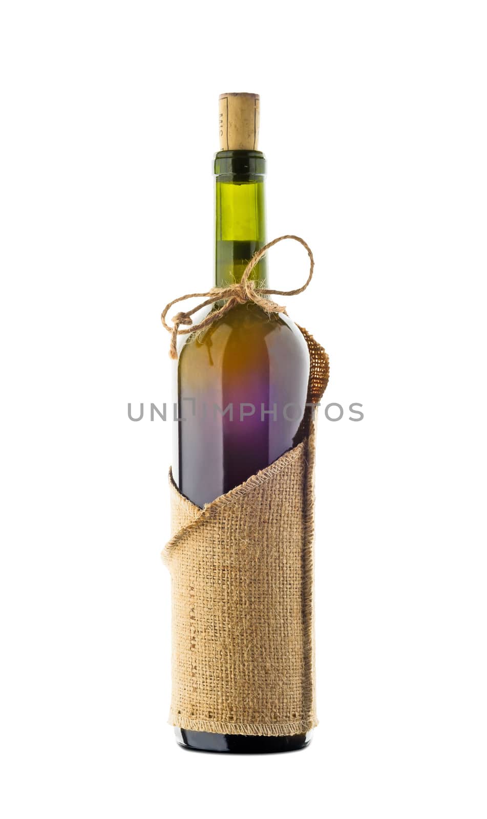 A bottle full of red wine with a rustic jute 
sheath