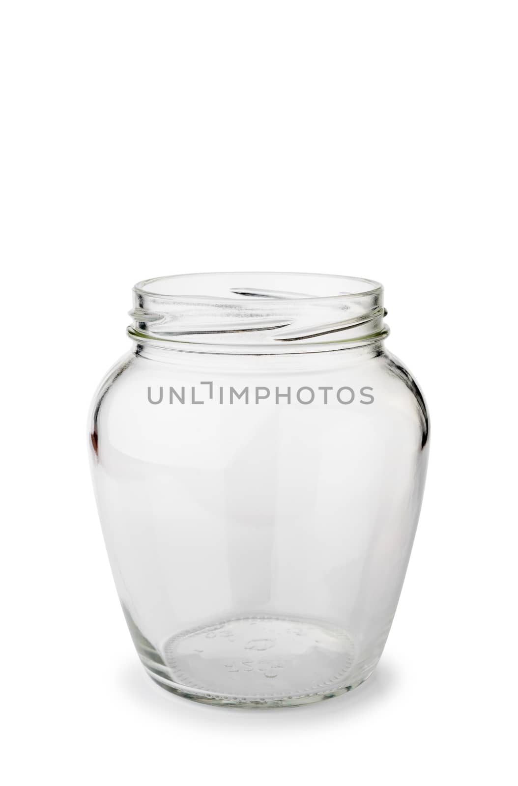 A paunchy open empty glass jar isolated on white background