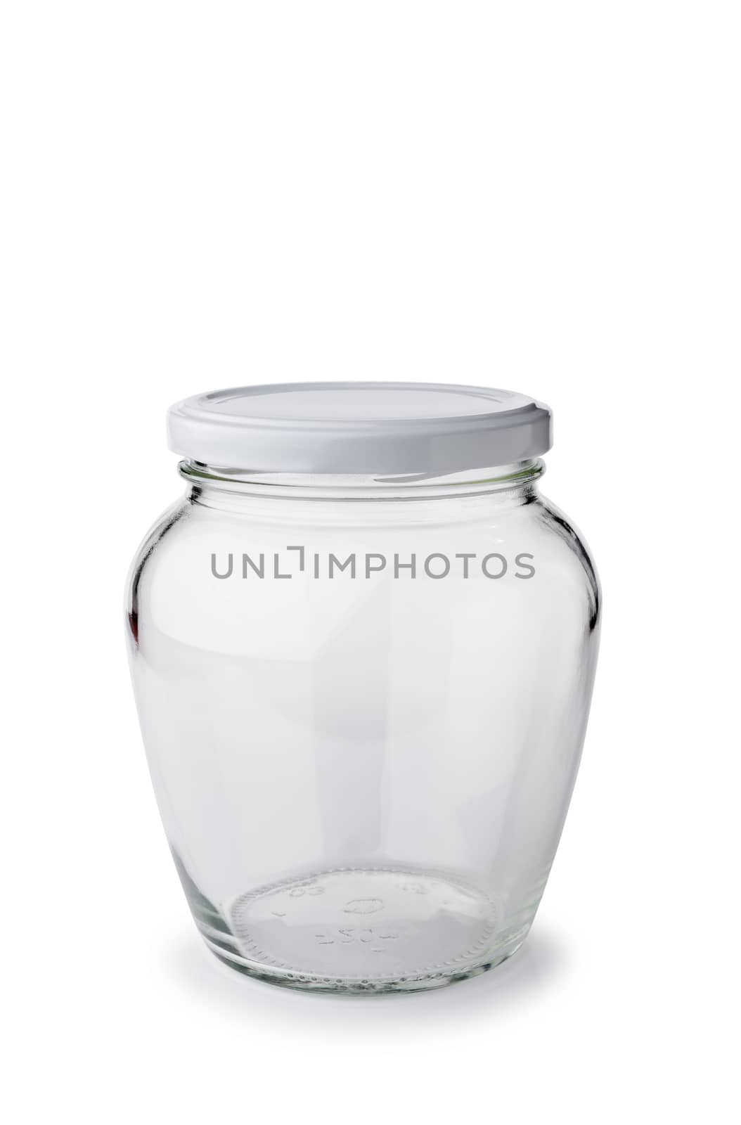A paunchy closed empty glass jar isolated on white background