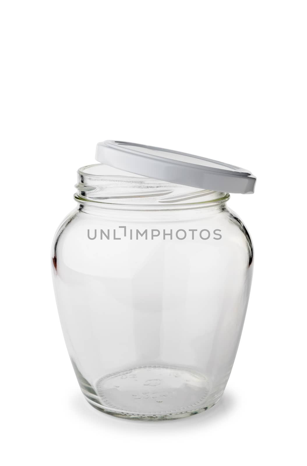 A paunchy open empty glass jar with lid isolated on white background