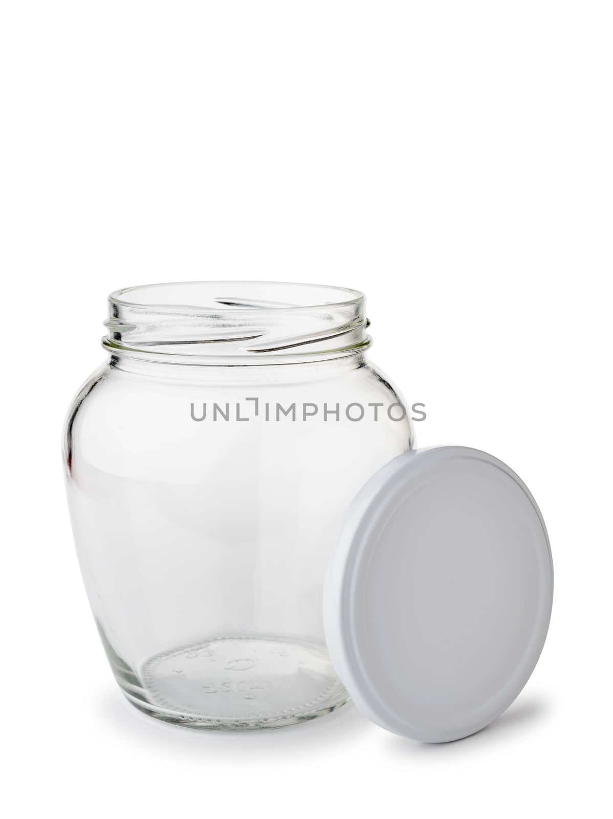 A paunchy open empty glass jar with lid isolated on white background