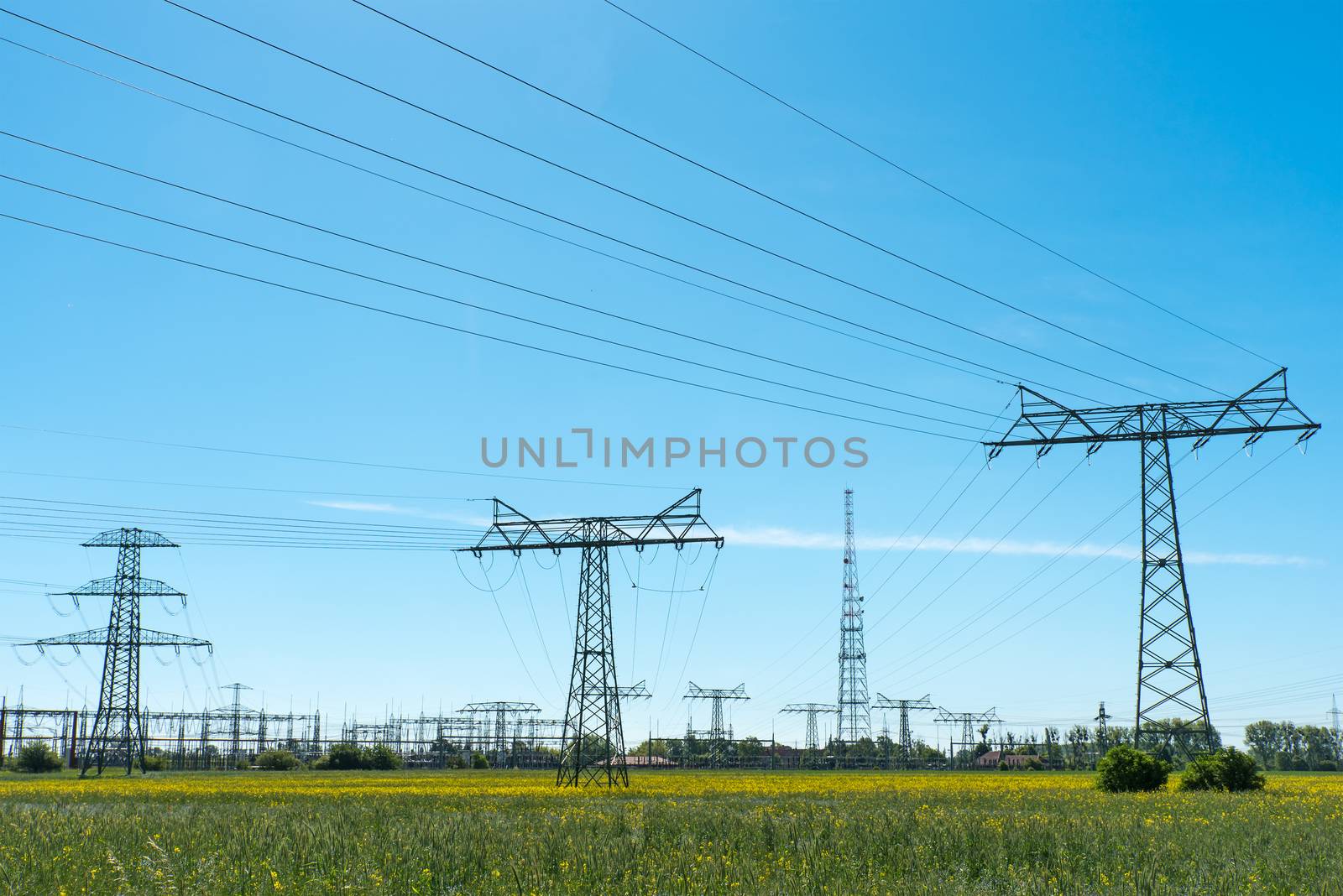Relay station and power transmission lines seen in Germany