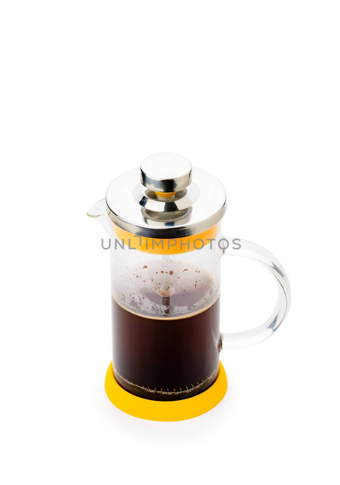 Half full glass French press for coffee and tea, isolated on white background