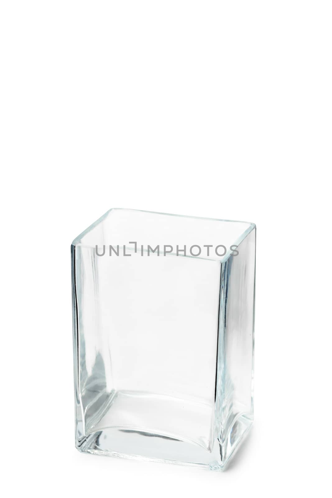 An empty Parallelepipedic transparent crystal vase isolated on white background