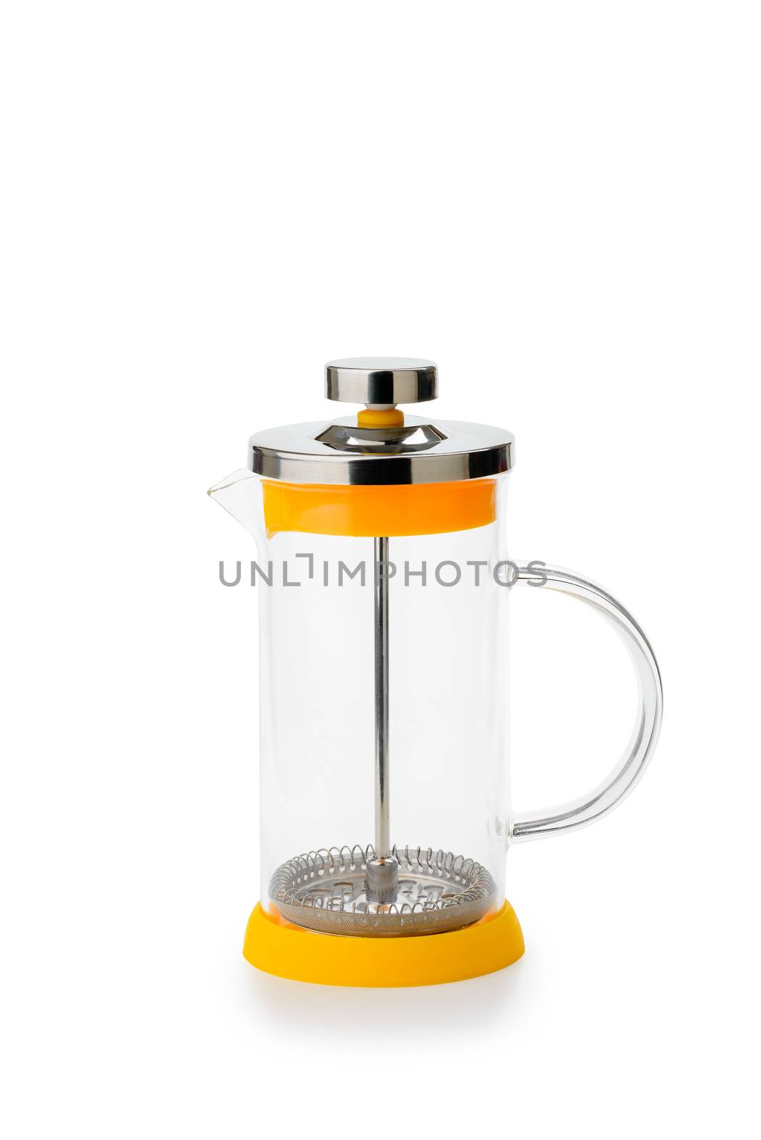 Empty glass French press for coffee and tea, isolated on white background
