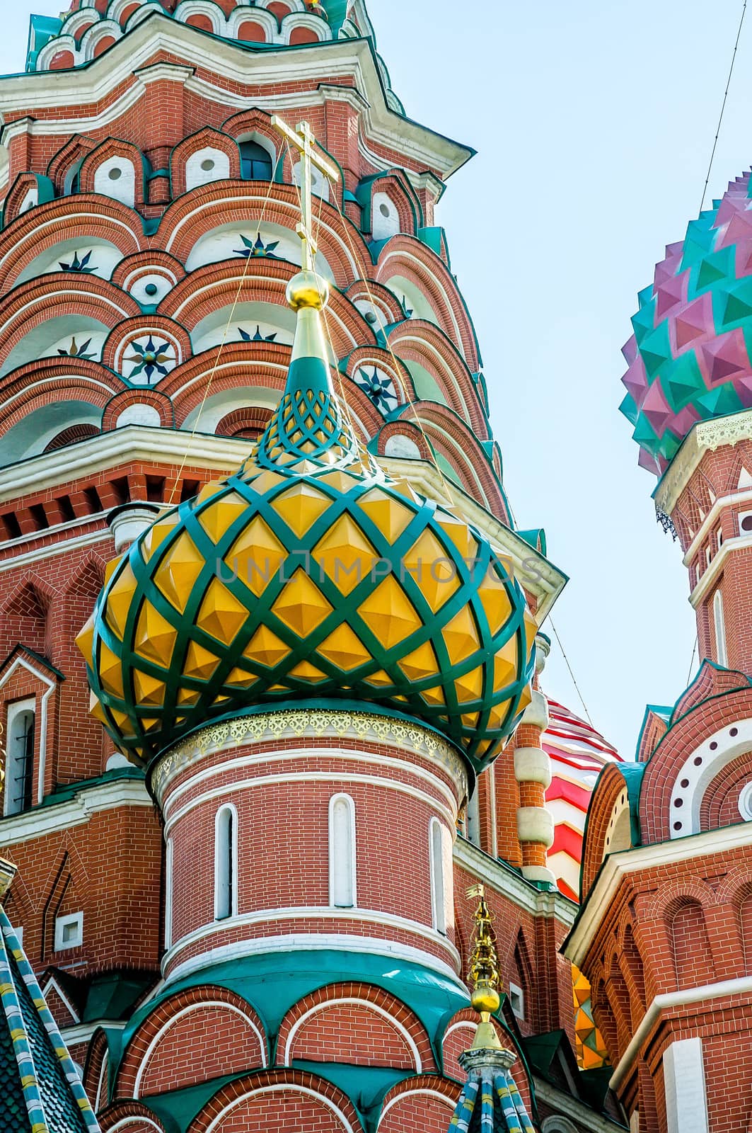 A detail of the colored steeples ot Saint Basil's Cathedral in Moscow