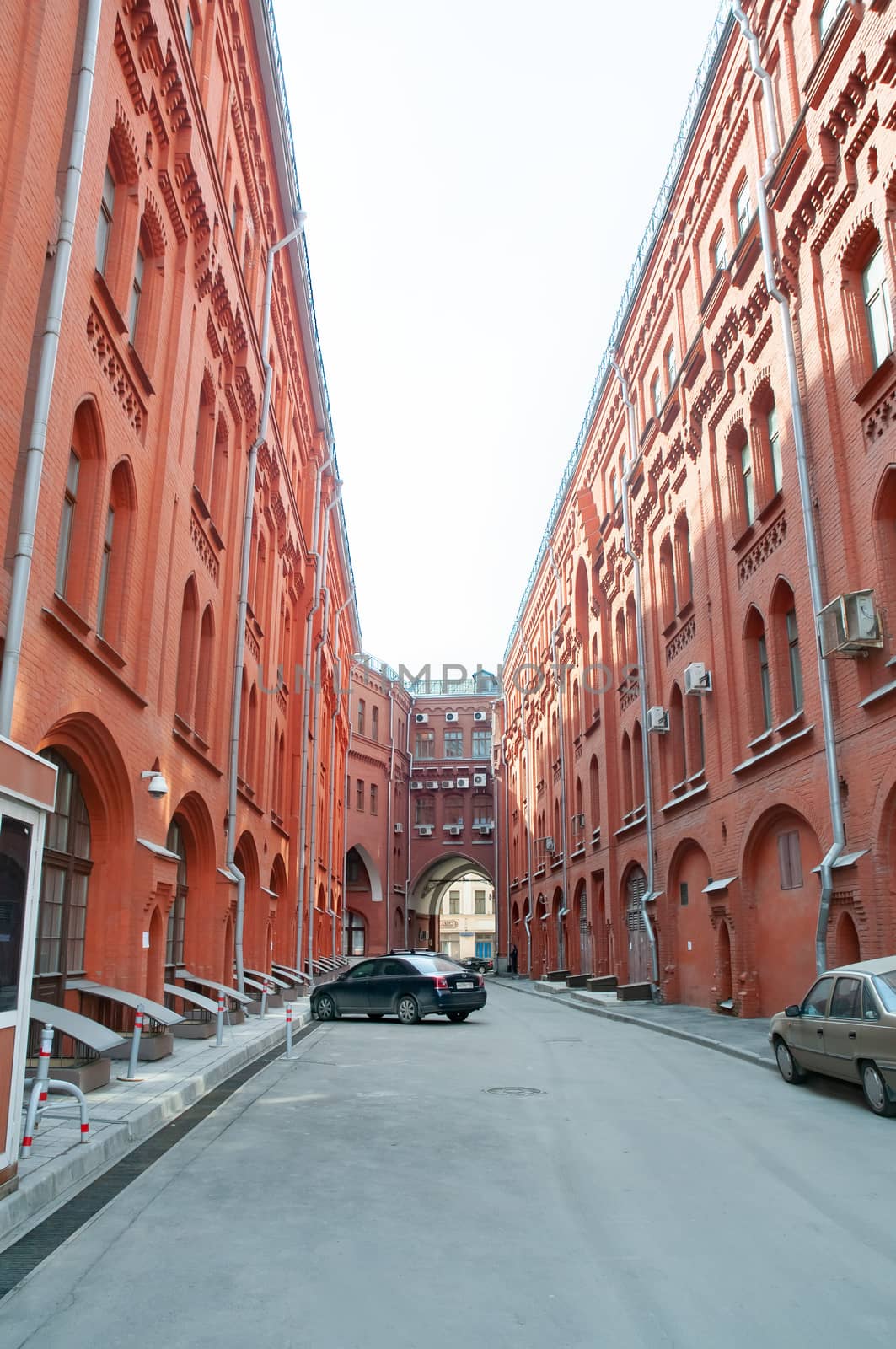 Moscow / Russia - March 11, 2009 - Moscow. Red brick buildings around the walkway between Novaya Square and Bolshaya Cherkassky Lane