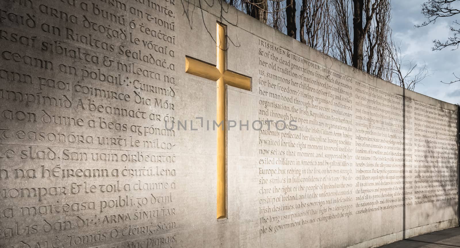 Dublin, Ireland - February 13, 2019: Architecture detail of the War Memorial building Arbor Hill Memorial to the historic downtown townscape on a winter day