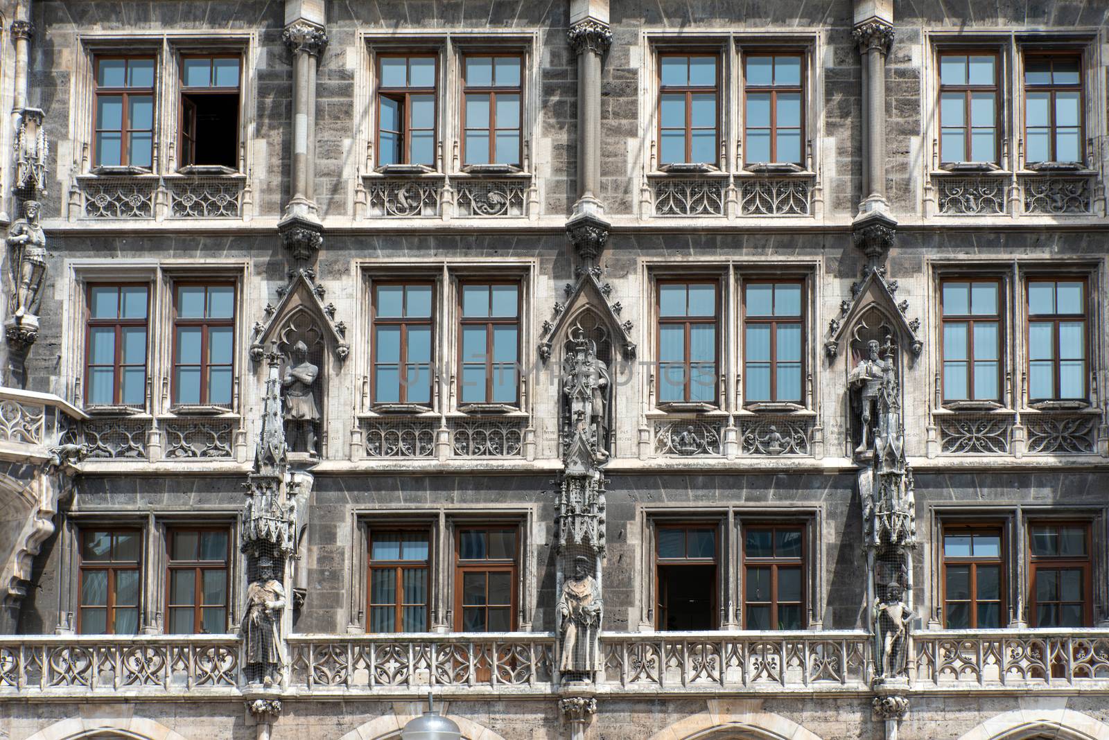Detail of the front facade of the New Town Hall in Munich, Germany