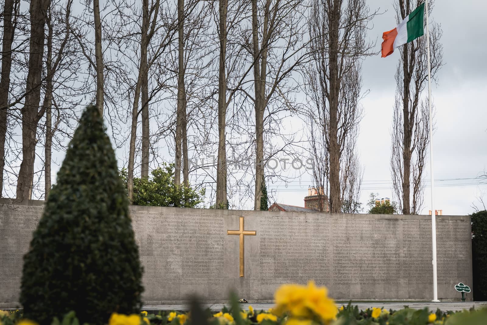 Dublin, Ireland - February 13, 2019: Architecture detail of the War Memorial building Arbor Hill Memorial to the historic downtown townscape on a winter day