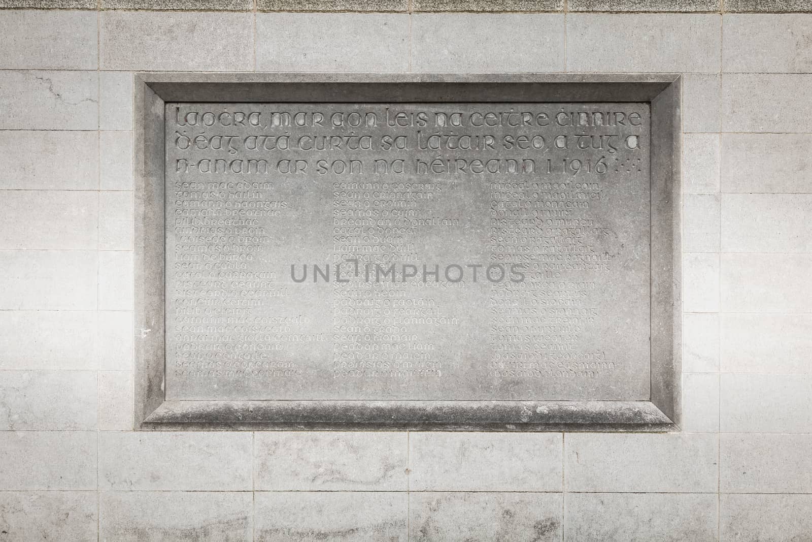 Dublin, Ireland - February 13, 2019: Architecture detail of the War Memorial building Arbor Hill Memorial to the historic downtown townscape on a winter day