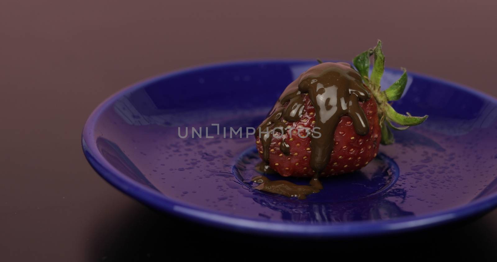 Ripe juicy strawberry in melted dark chocolate on a blue plate. Front view. Strawberry in chocolate on a dark background. Close up