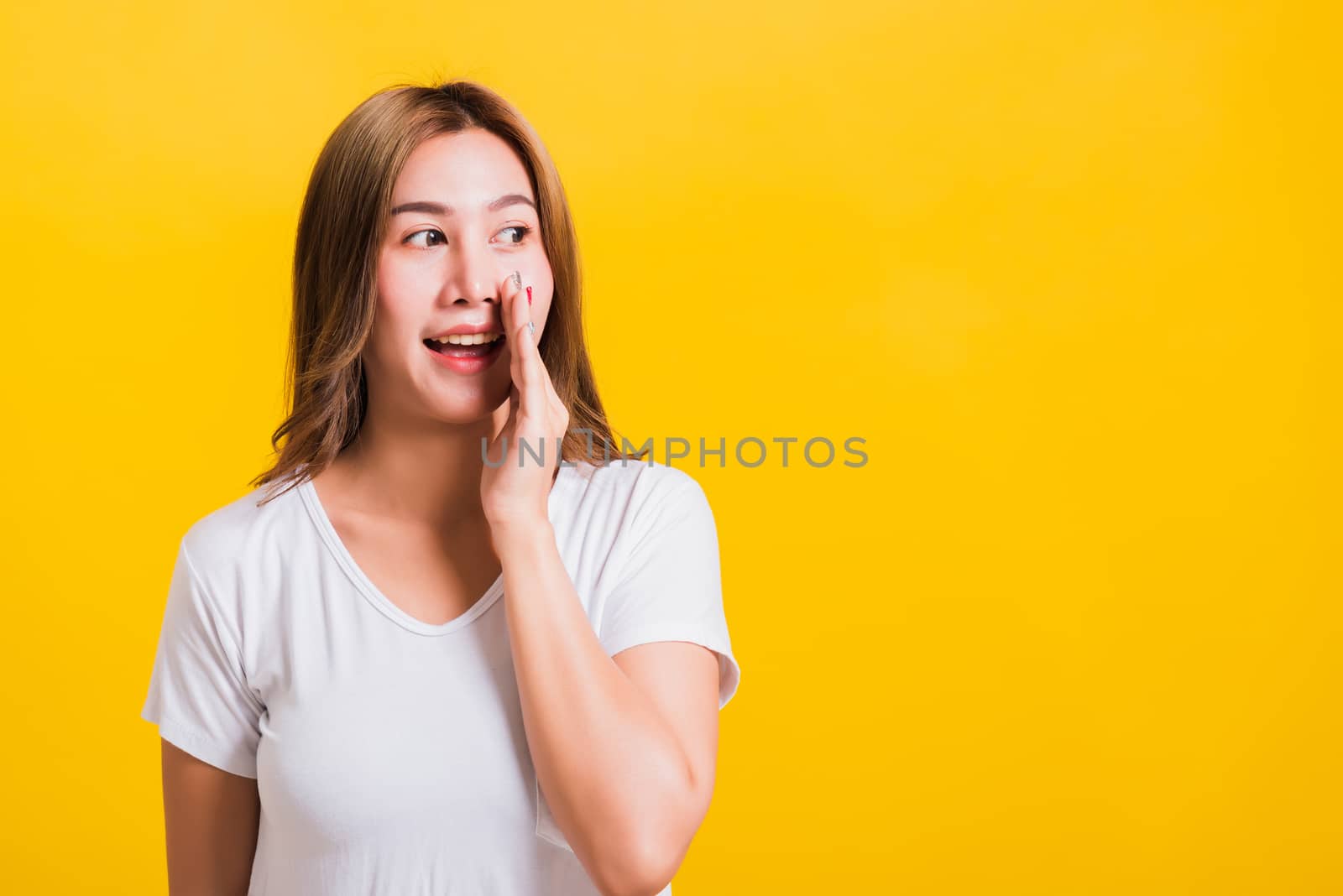 woman teen standing hand on mouth talking whispering secret rumo by Sorapop