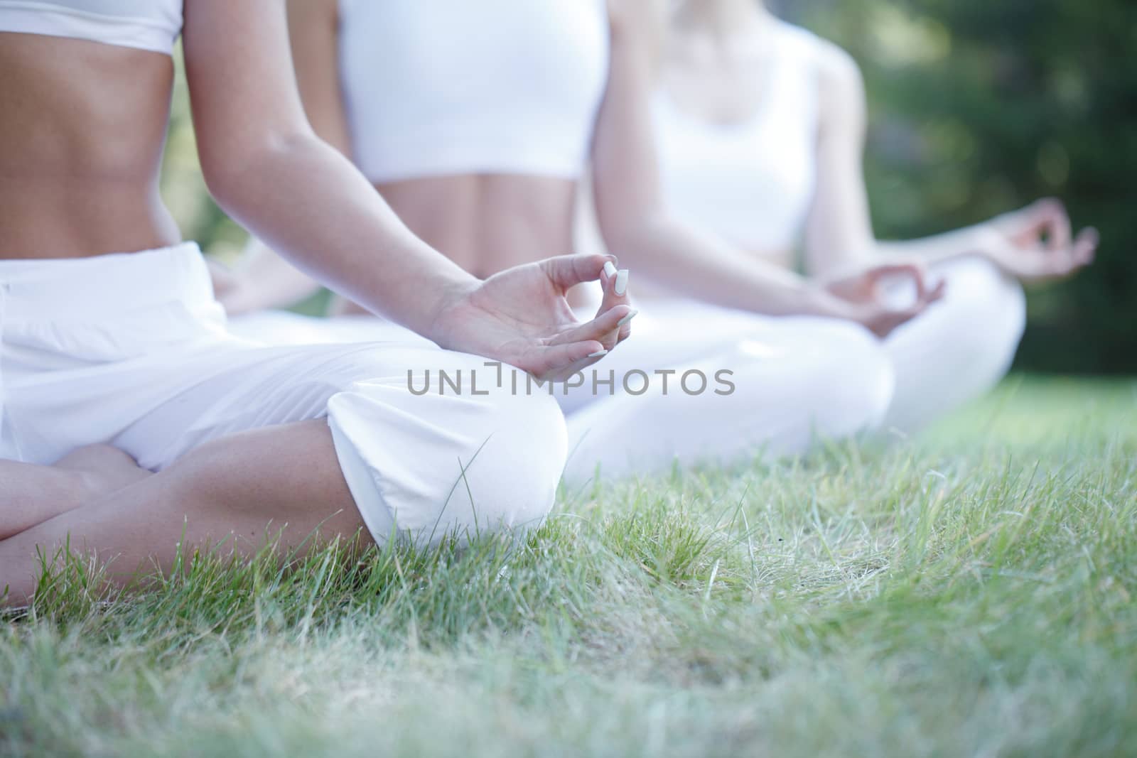 Women in white sportswear sitting in lotus position during group yoga training at park unrecognizable people