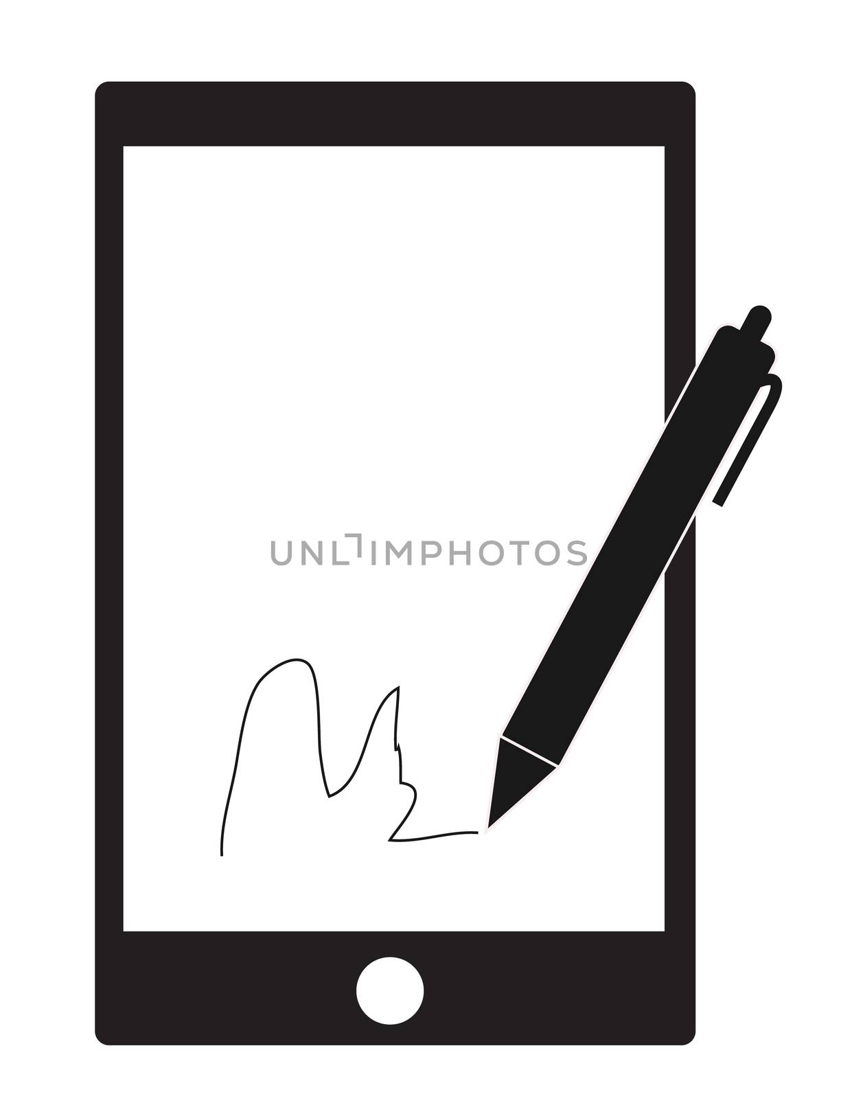 digital signature with stylus pen and mobile phone on white back by suthee
