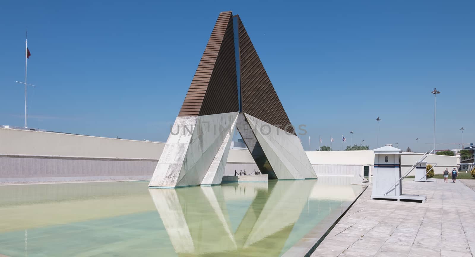 Lisbon, Portugal - May 7, 2018: architectural detail of the monument to the glory of Overseas Fighters (Combatentes do Ultramar) near the river on a spring day