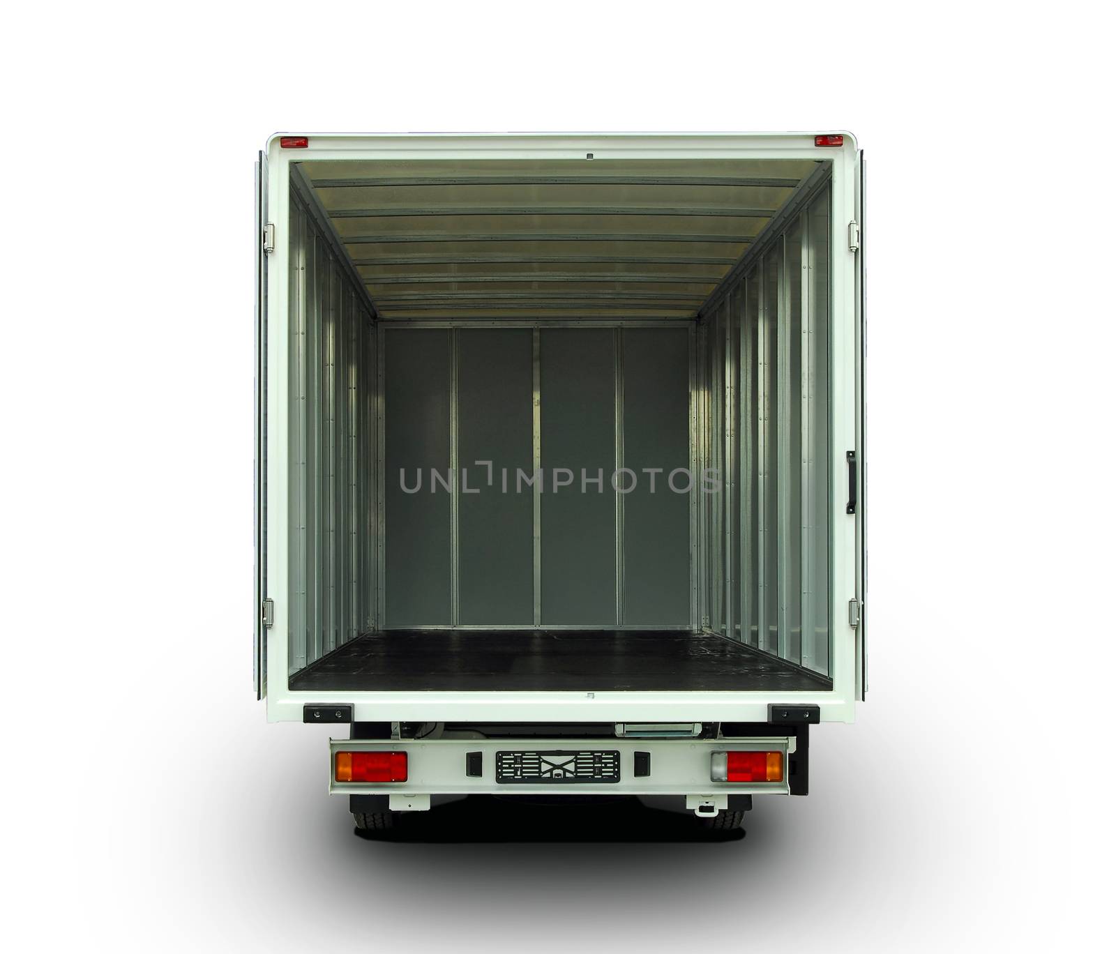 Empty van with rear doors opened, isolated on white background
