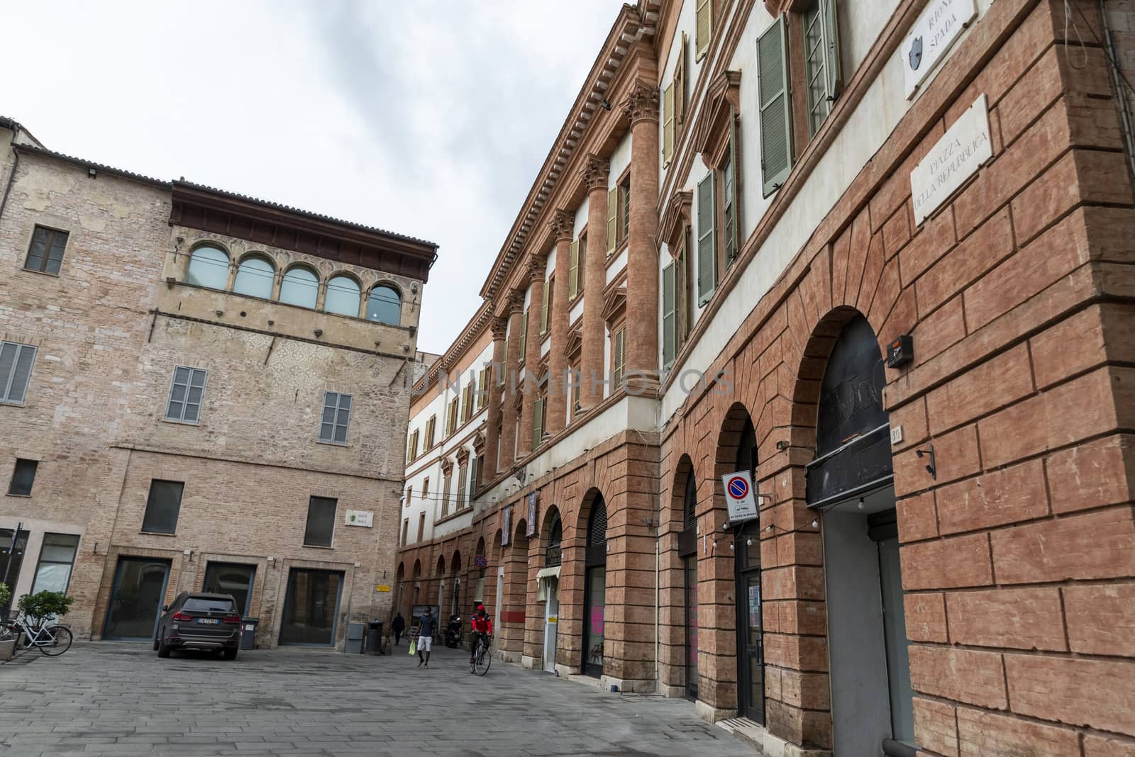 foligno.italy june 14 2020 :main square of foligno where there is the municipality and the church of san feliciano