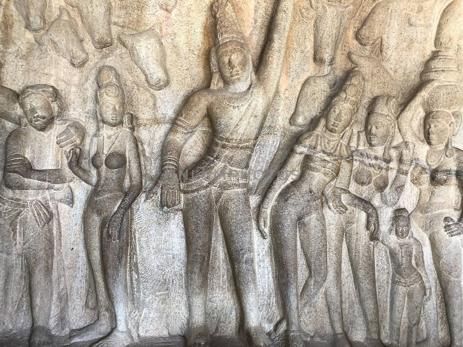 Bas relief sculptures found in the cave temples and it comprised of the group of monuments at Mahabalipuram