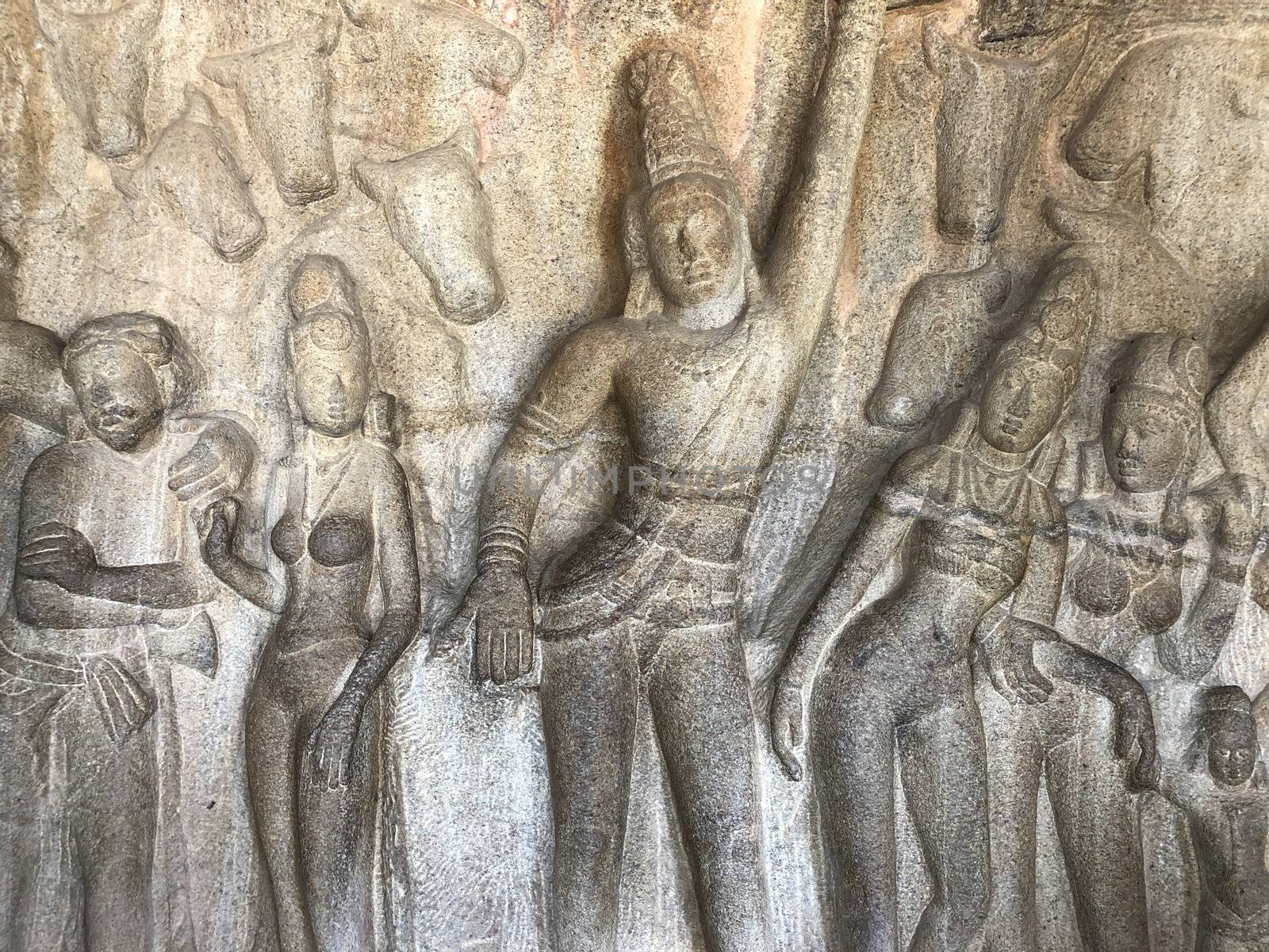 Bas relief sculptures found in the cave temples and it comprised of the group of monuments at Mahabalipuram