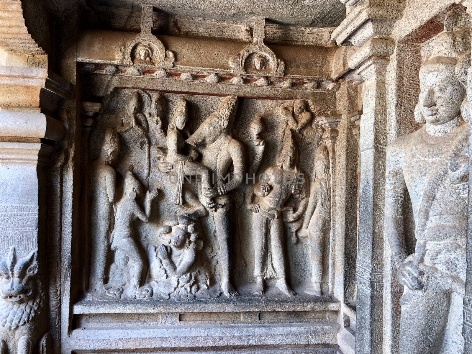 Bas relief sculptures found in the cave temples and it comprised of the group of monuments at Mahabalipuram