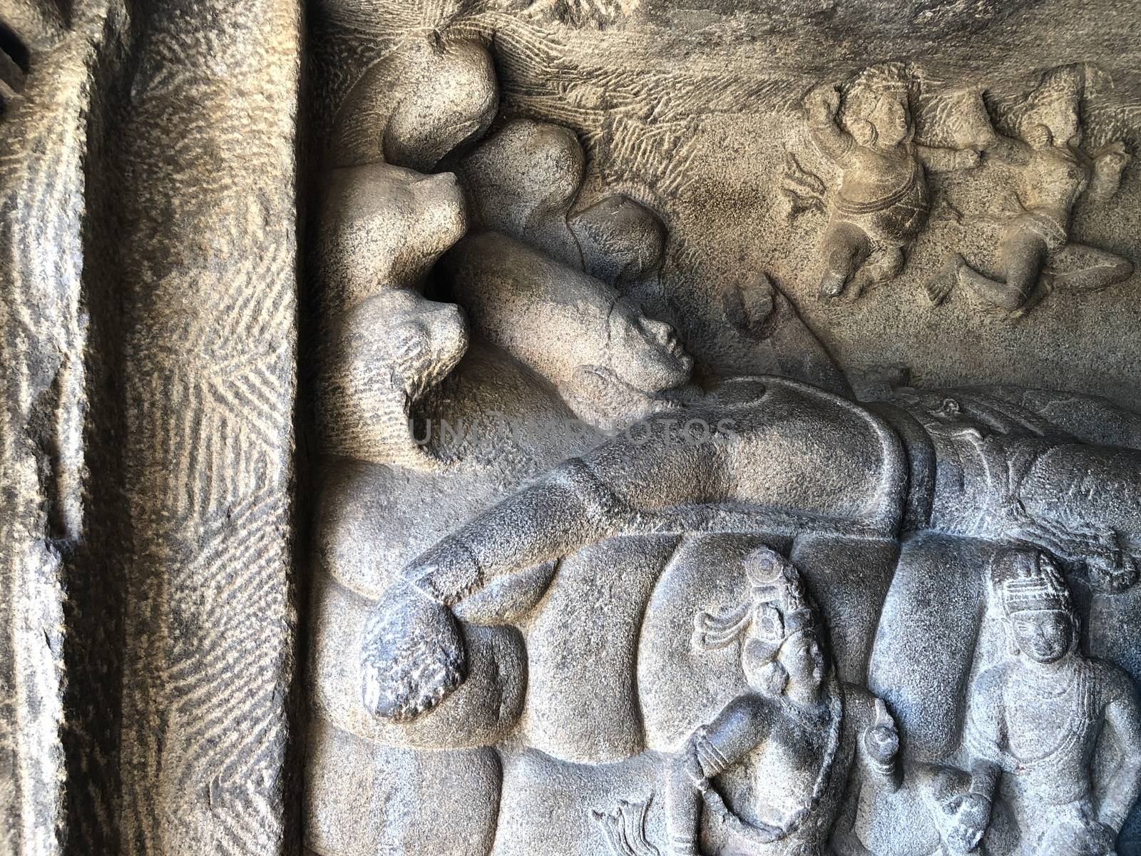 Bas relief sculptures found in the cave temples and it comprised of the group of monuments at Mahabalipuram