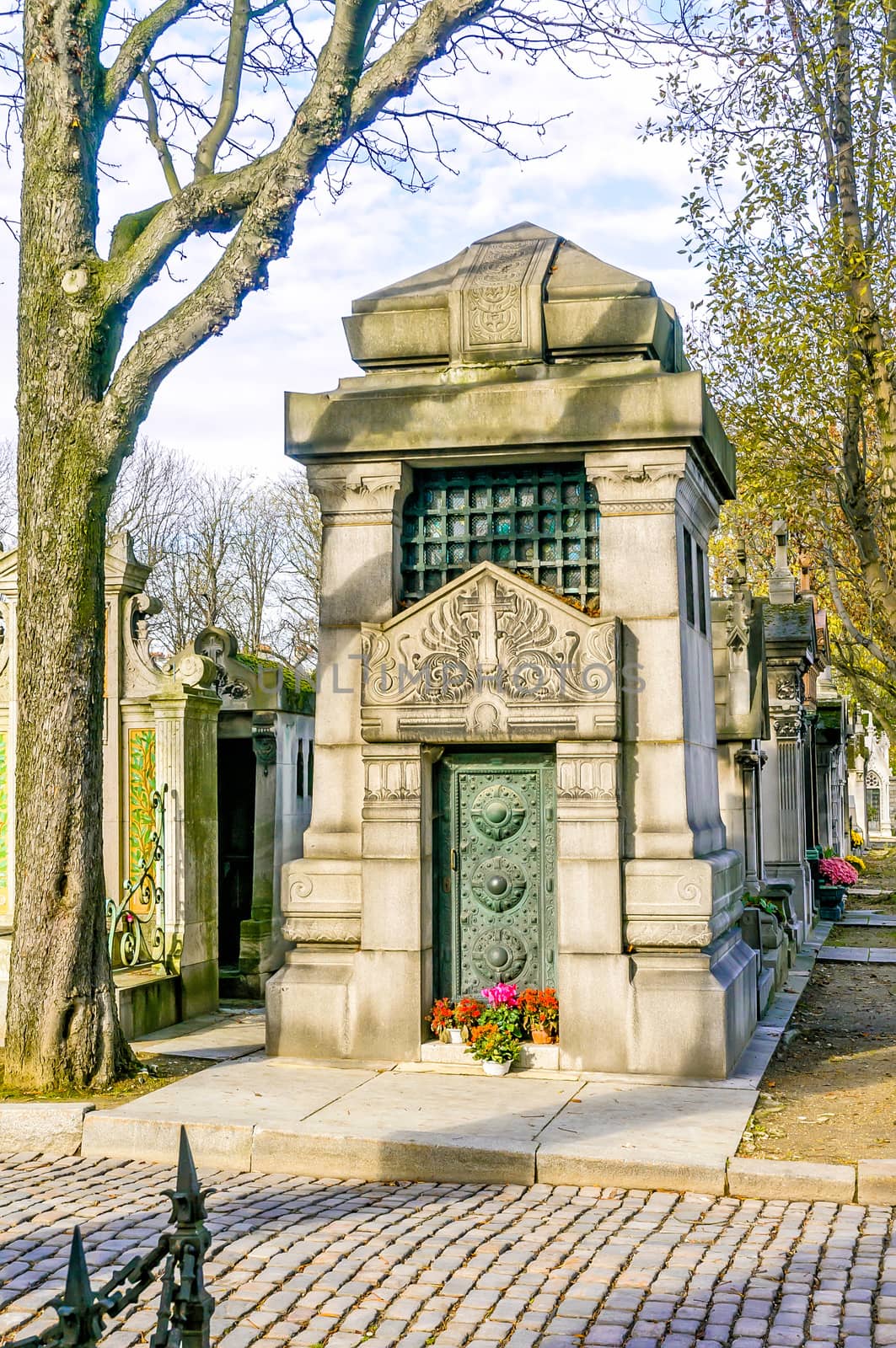 A view of the Pere Lachaise, the most famous cemetery in Paris, France,  with the tombs of very famous people
