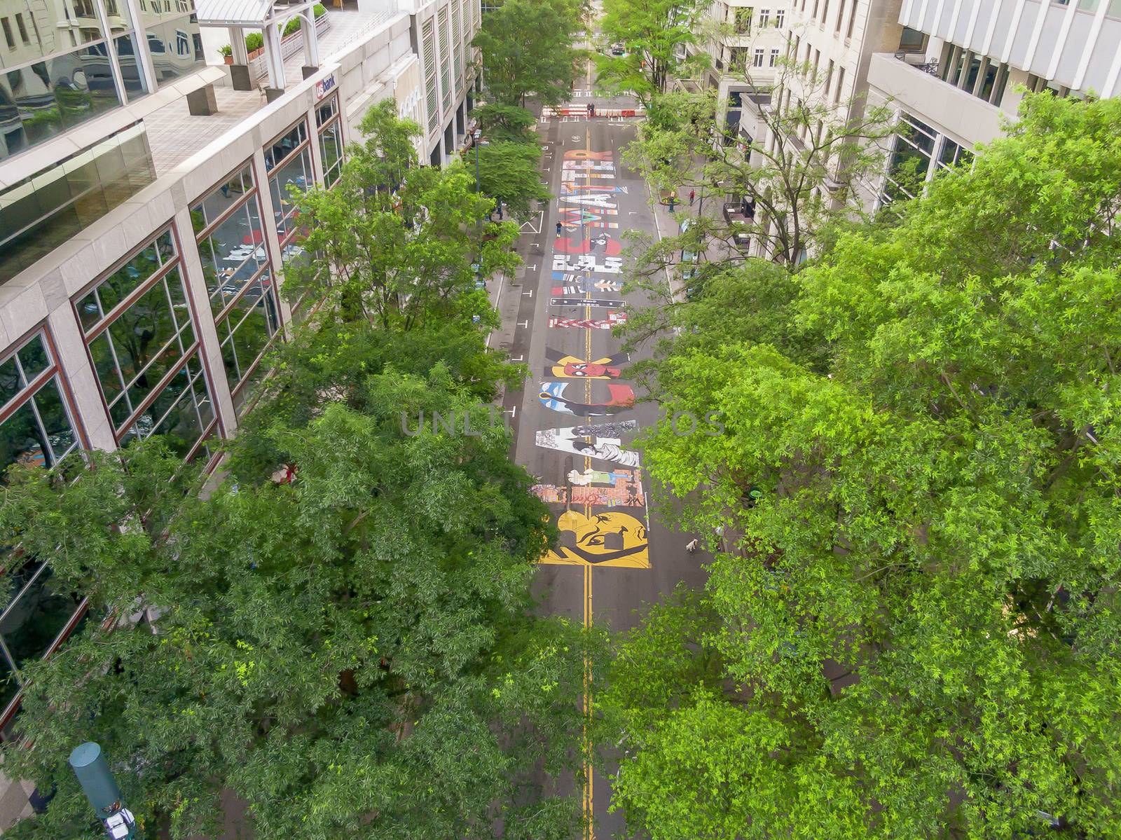 June 14, 2020 - Charlotte, North Carolina, USA: In protest to the ongoing racial riots, Black Lives Matter is painted on the ground on Tryon Street in Charlotte, NC.