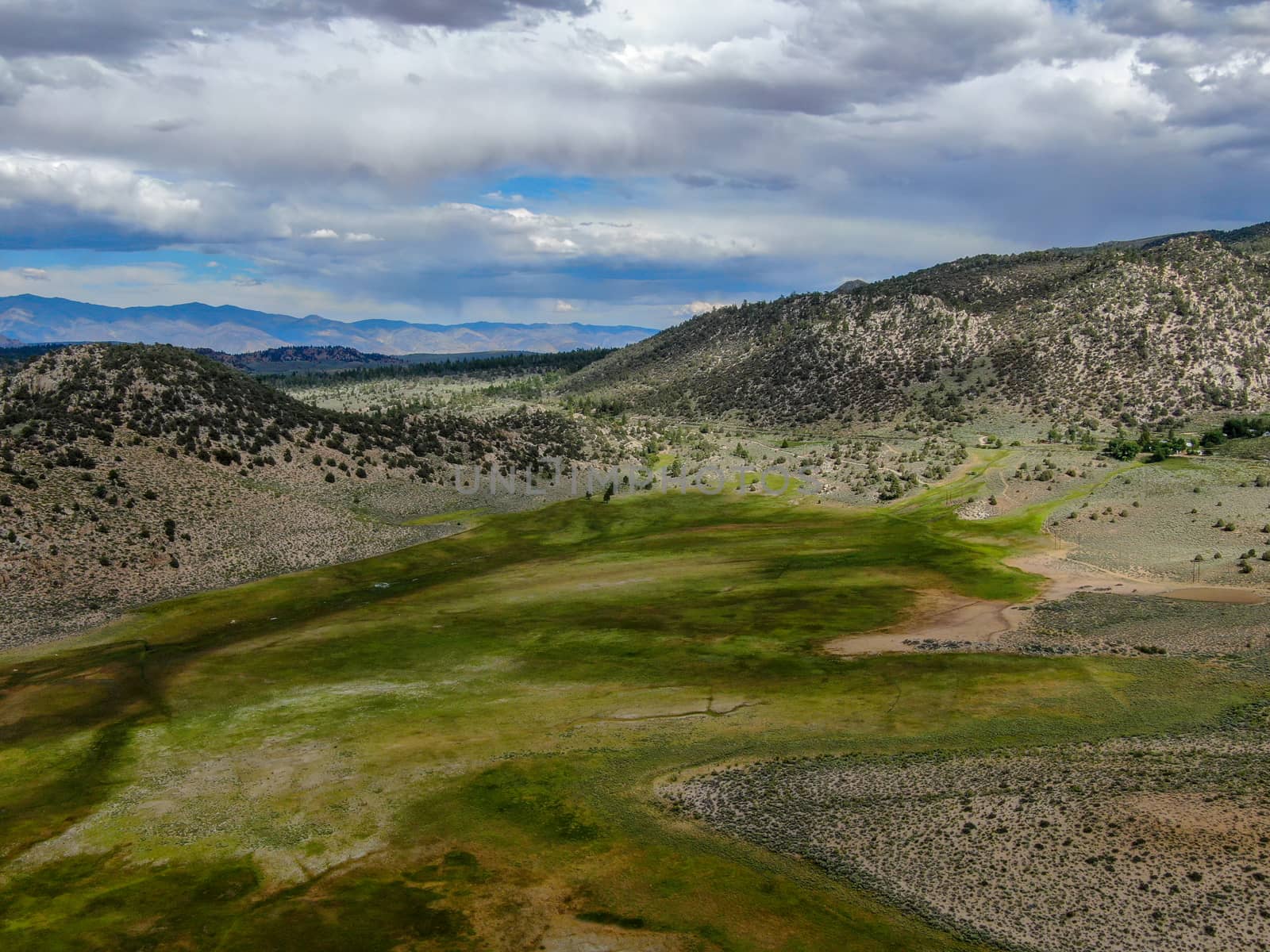 Aerial view of green land valley and mountain in Aspen Springs, Mono County California, USA
