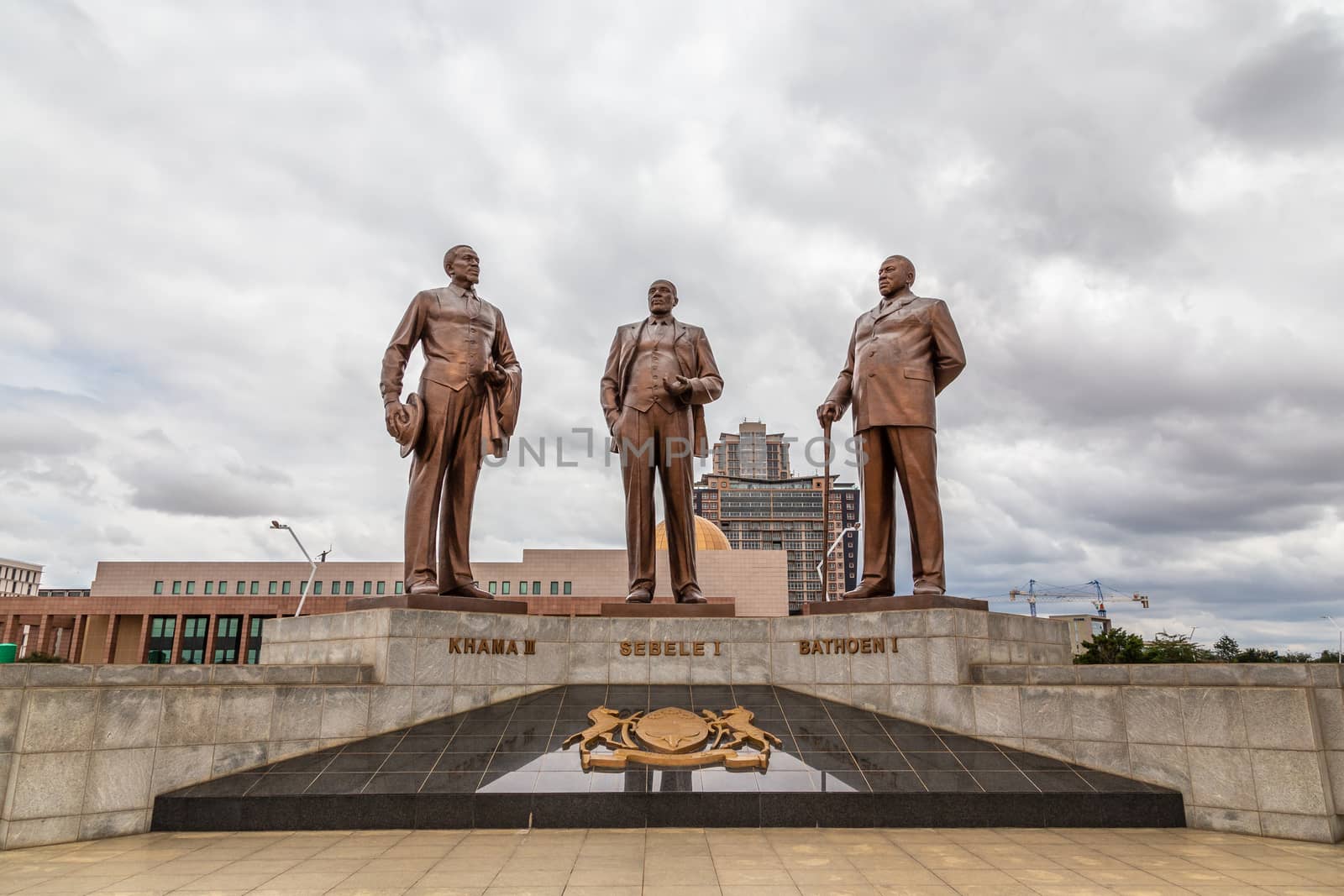 Three Dikgosi / tribal chiefs/  Monument, central business district, Gaborone, Botswana, 2017