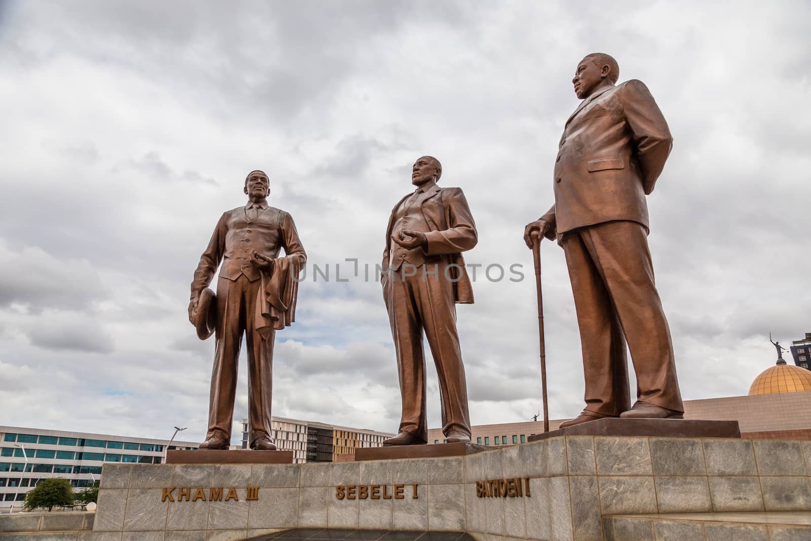 Three Dikgosi (tribal chiefs) Monument, central business district, Gaborone, Botswana