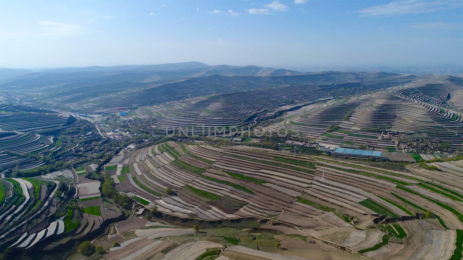 Aerial view of terraced farm field mass production during summer dry season by Bonandbon