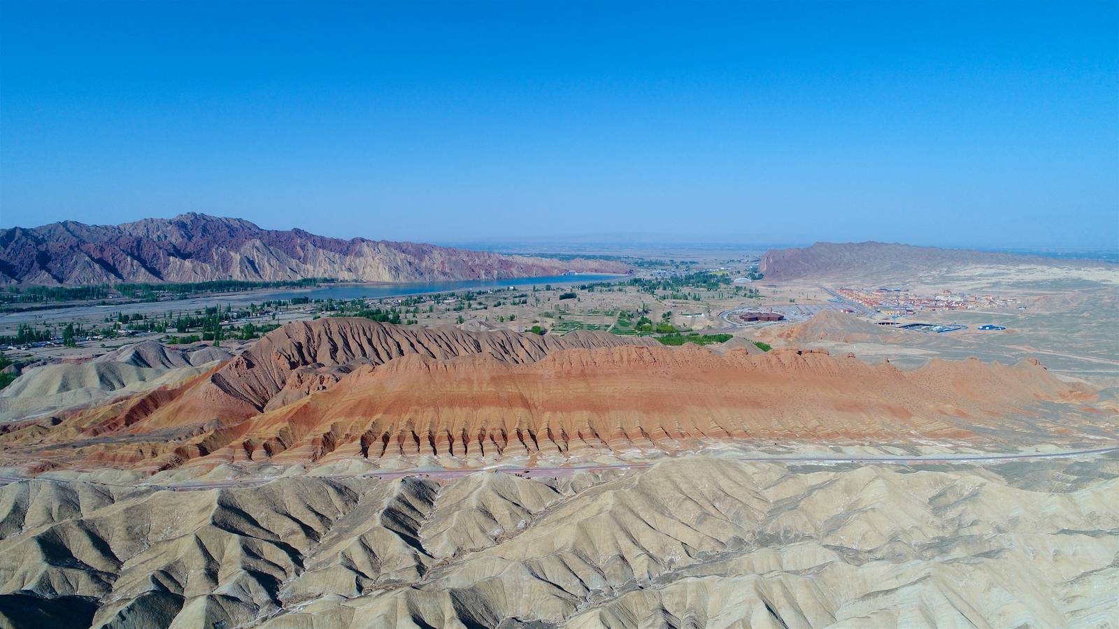 Aerial view of colorful rainbow mountains, Zhangye National Geopark, Gansu Province, China