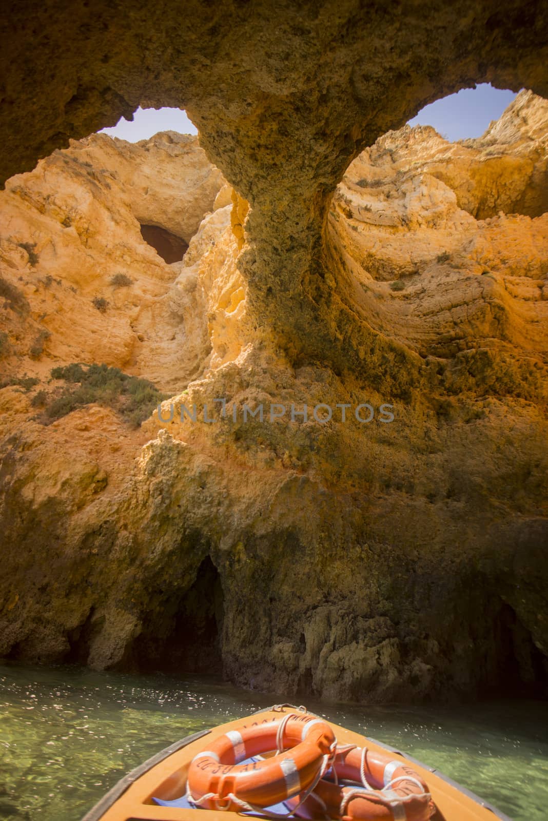 a landscape at the rocks of Ponta da Piedade near Lagos and Luz at the Algarve of Portugal in Europe.