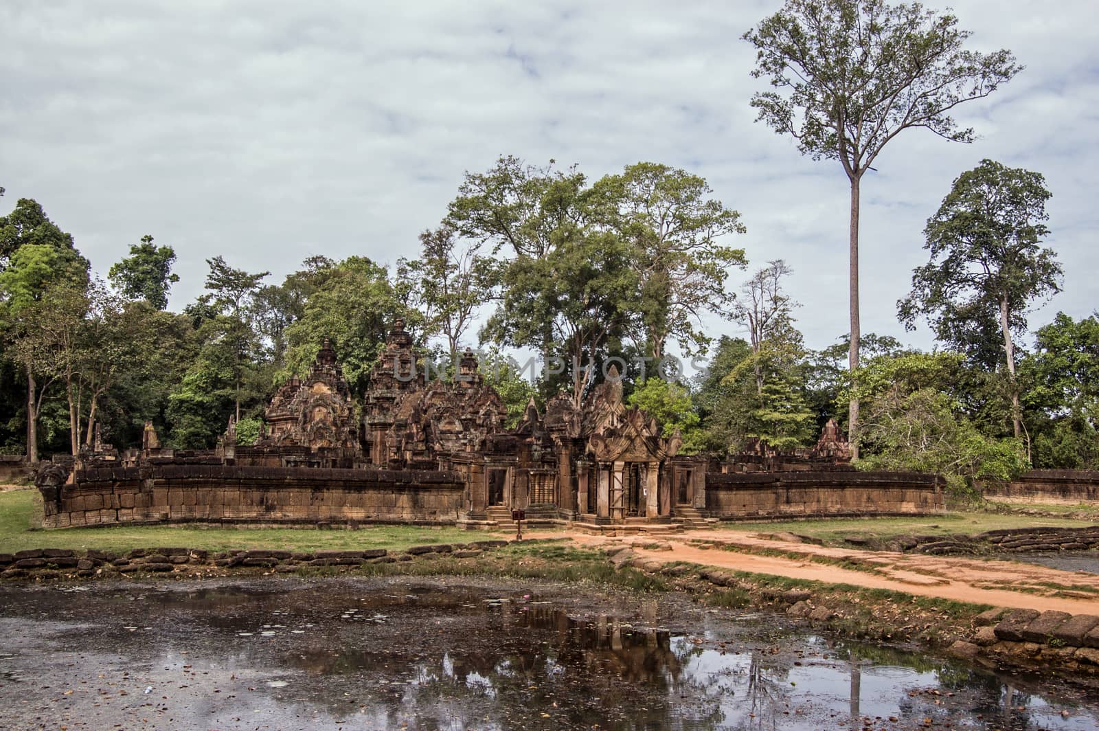 Beautiful temple of Banteay Srei, Cambodia. Part of the Angkor World Heritage Site near Siem Reap. Built in the 10th century from carved red sandstone.